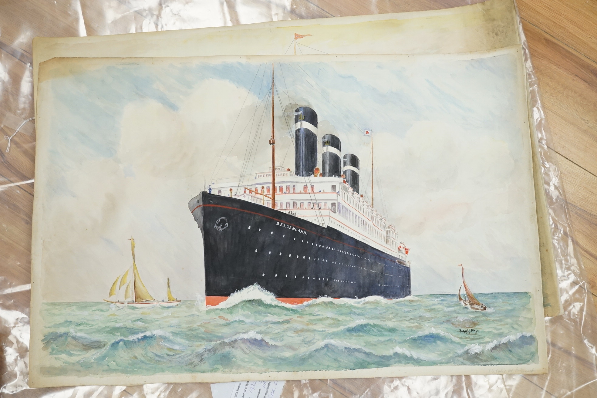 John Harold Fry (British, 1881-1941), set of eight original watercolours for postcard designs, ocean liners to include SS Resolute Hamburg American Line, SS Bremen Norddeutscher Lloyd Line and SS Atlantis Royal Mail Line